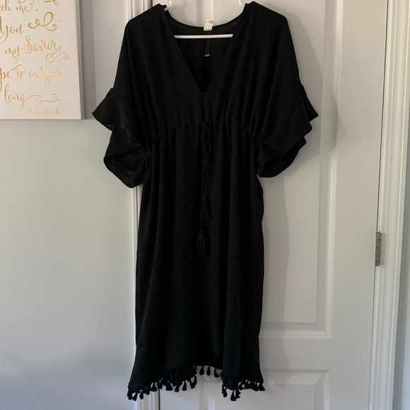 Bari by swimwear black sheer cover‎ up tassels ruffle size M - Picture 1 of 12